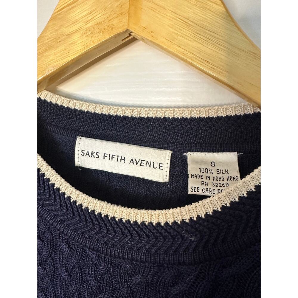 Vintage Saks Fifth Avenue Silk Navy Blue Sweater Coastal Old Money Quiet Luxury - Picture 3 of 4